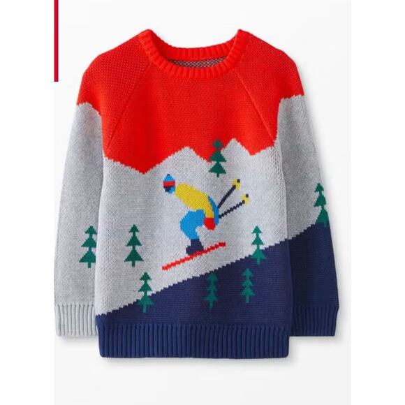 Hanna Andersson Winter Christmas Skier Tree Cotton Sweater Boys 140cm US Size 10 - Picture 1 of 7